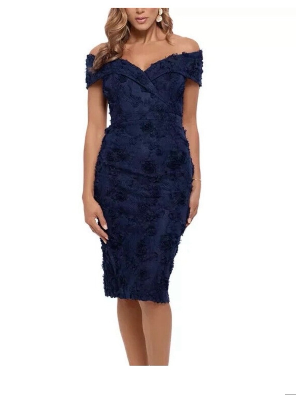 XSCAPE 3D Floral Lace Off-The-Shoulder Dress Navy Size 4